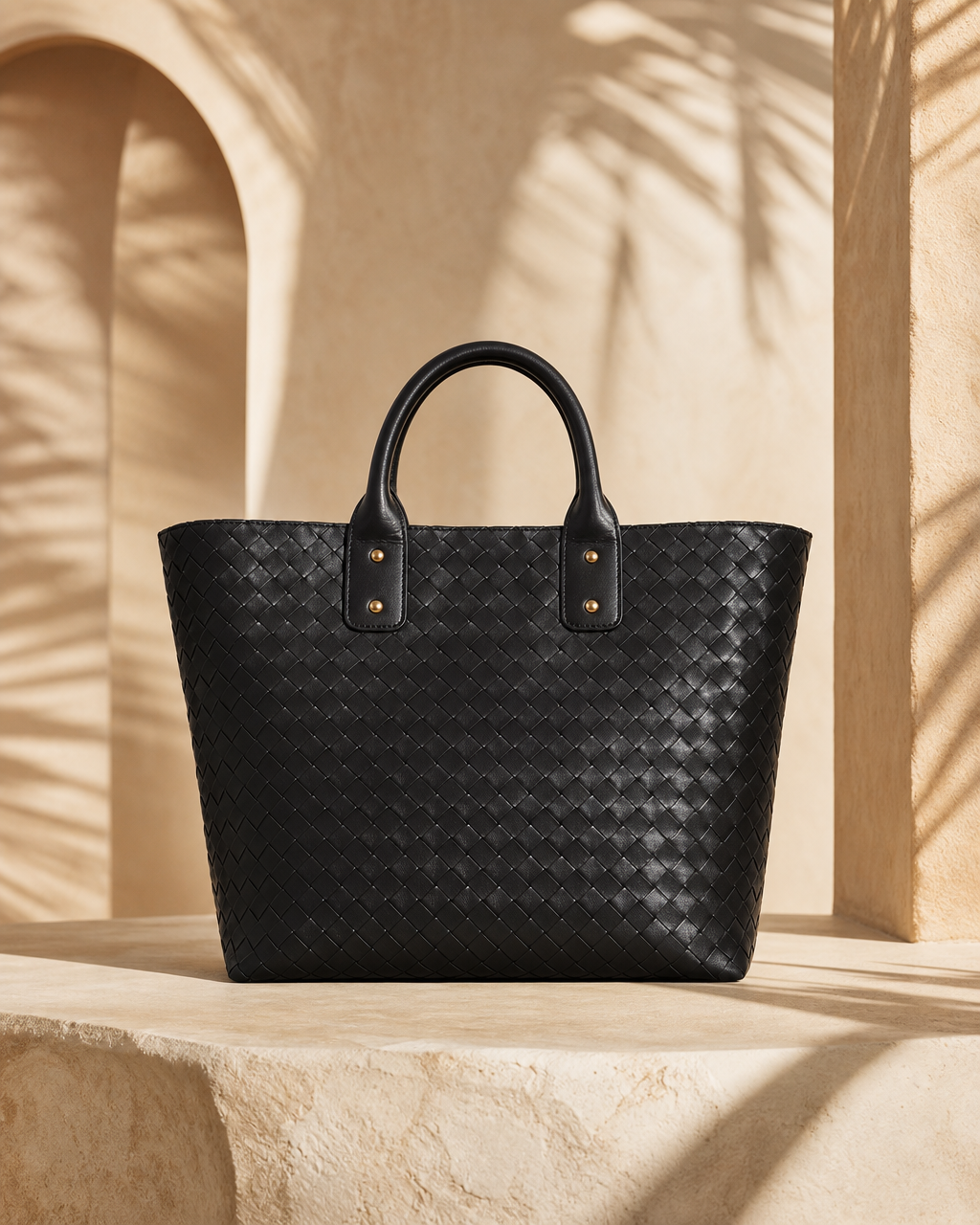 Model wearing or styling the Nuba Woven Leather Tote