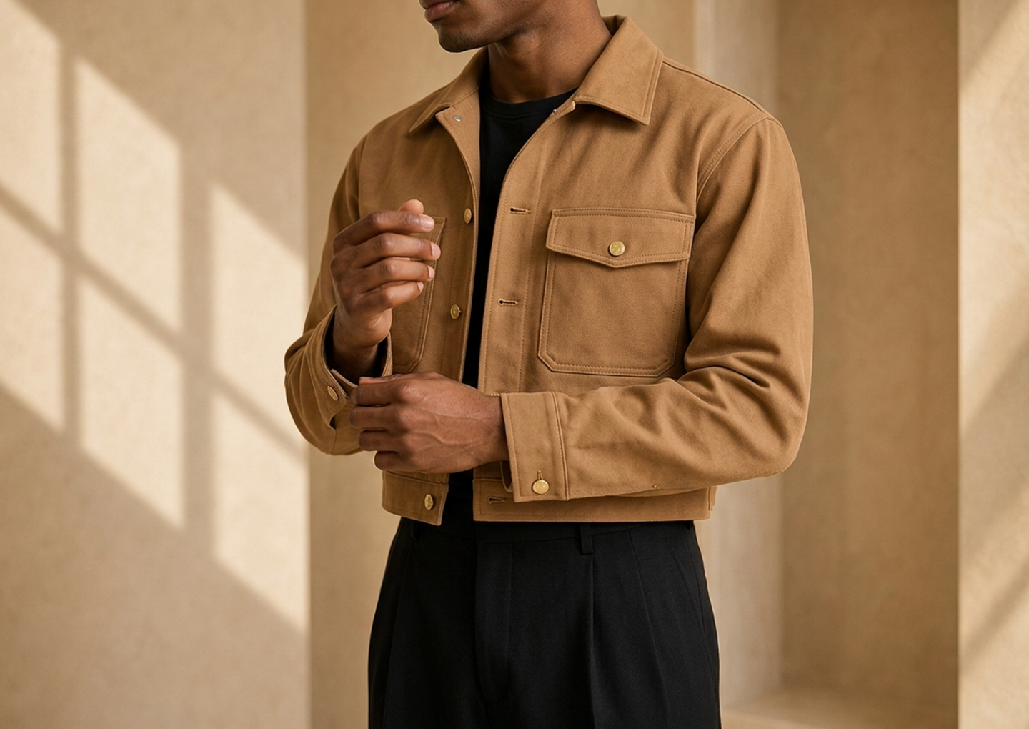Close editorial view of the Omari Cropped Chore Jacket
