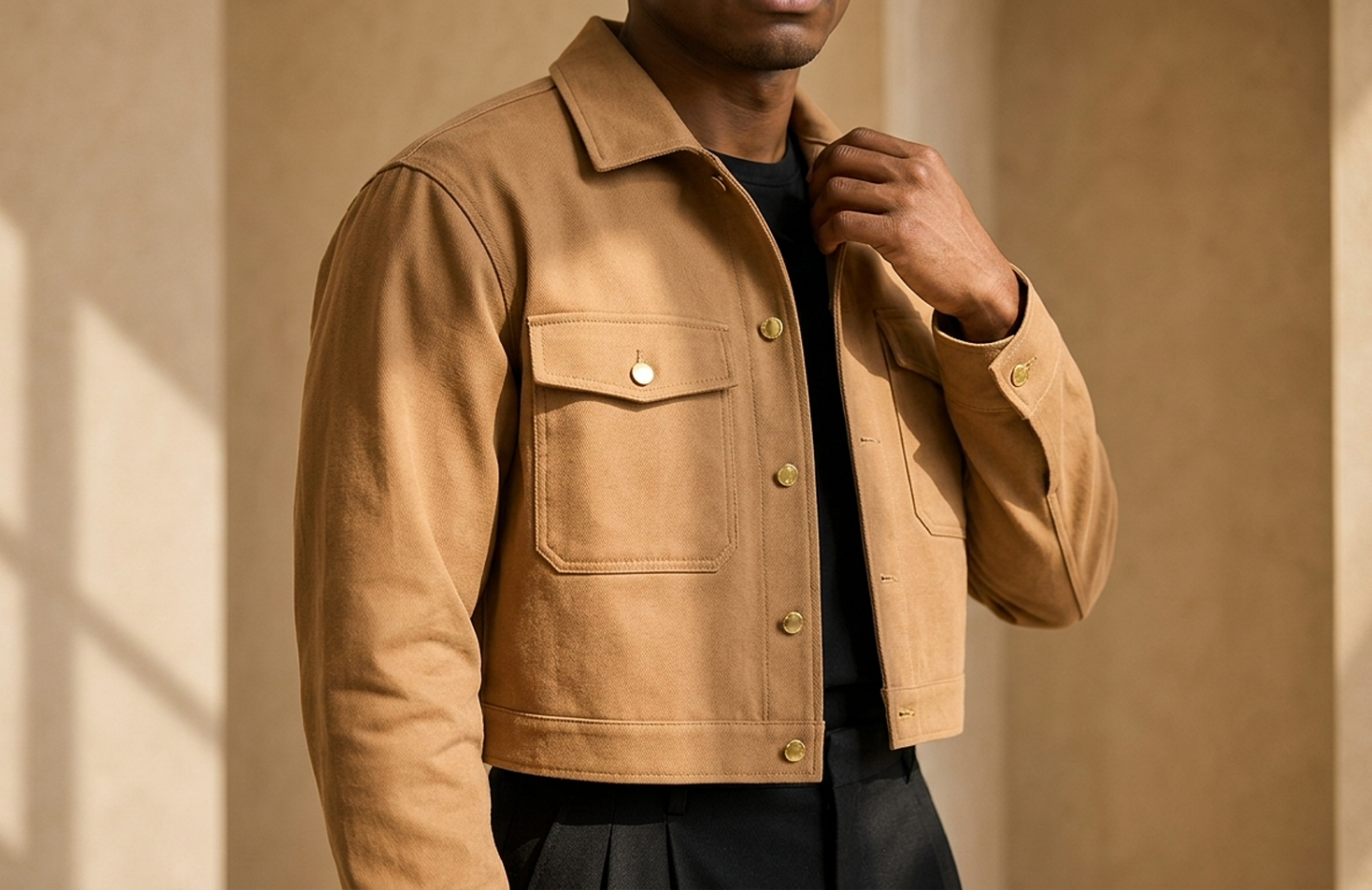 Detail editorial view of the Omari Cropped Chore Jacket