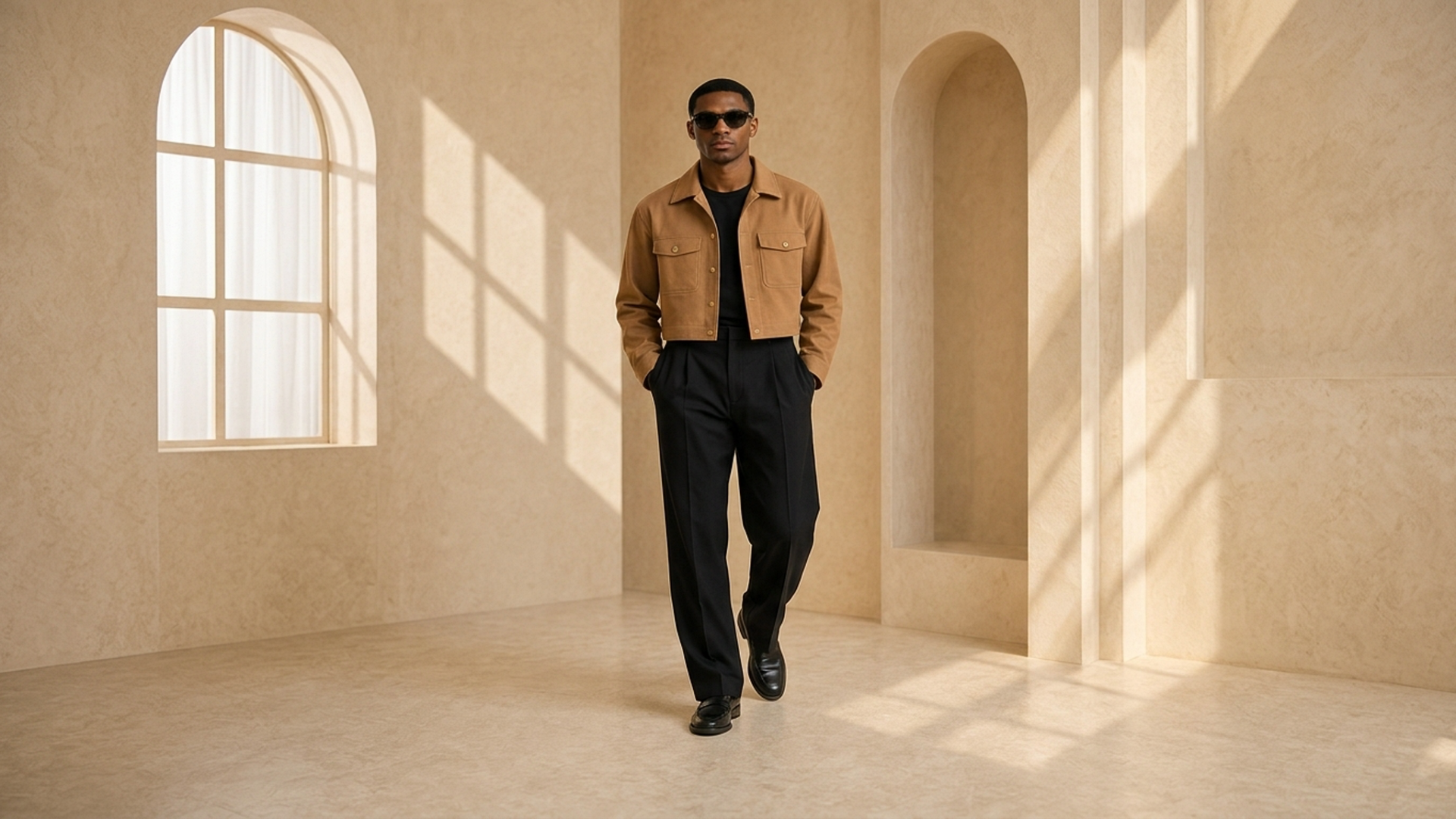 Editorial movement view of the Omari Cropped Chore Jacket
