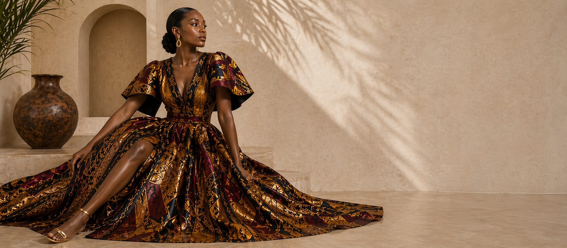 Editorial movement view of the Zuri Kente Maxi Dress
