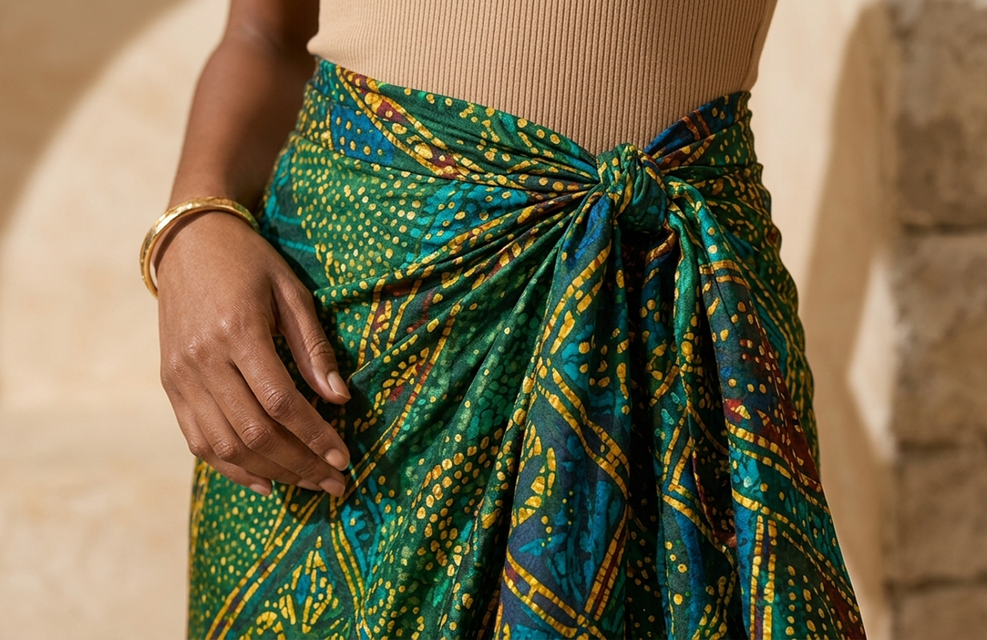 Detail editorial view of the Sahara Wrap Skirt