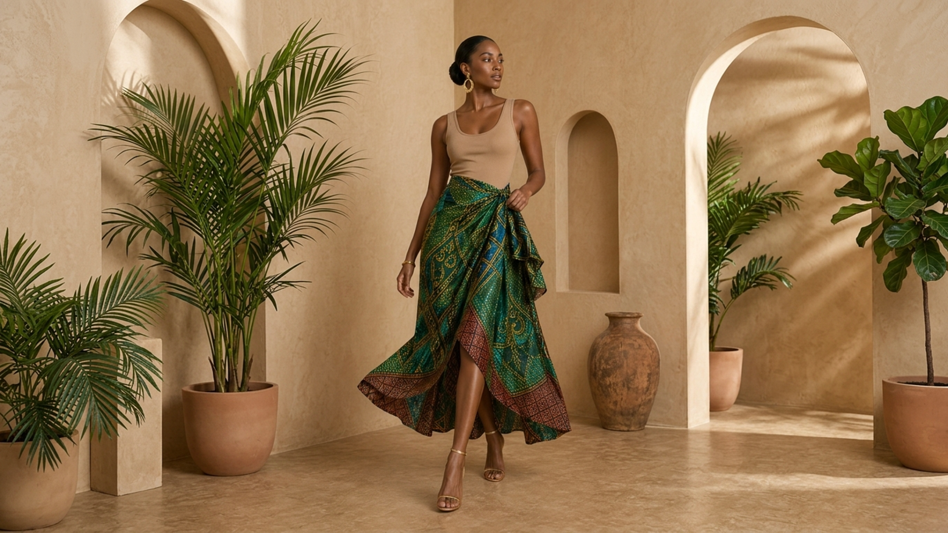 Editorial movement view of the Sahara Wrap Skirt