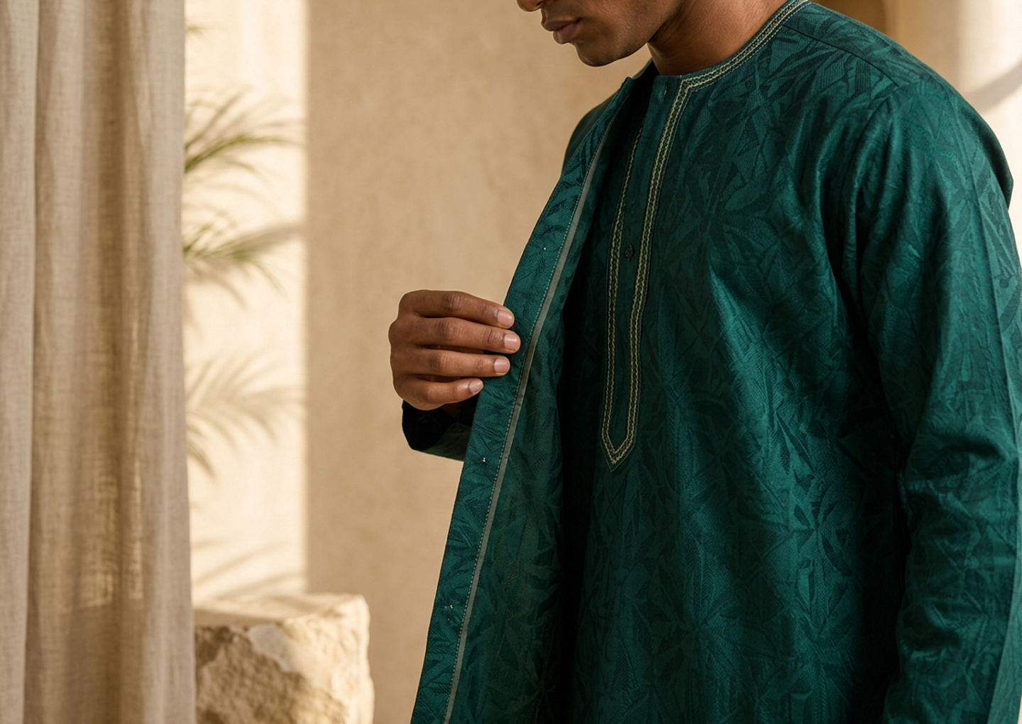 Close editorial view of the Sekou Tailored Kaftan