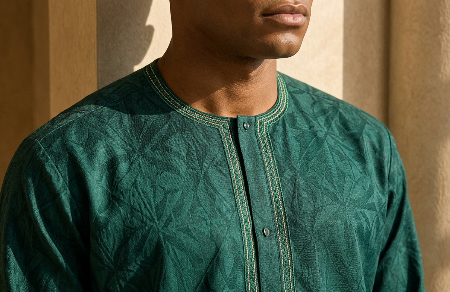 Detail editorial view of the Sekou Tailored Kaftan