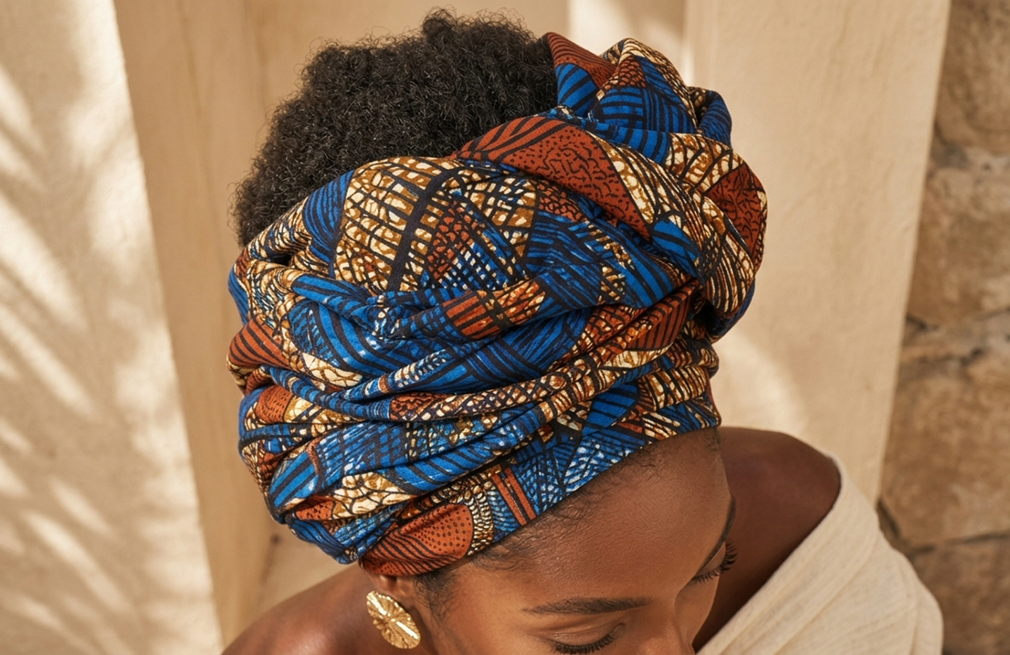 Detail editorial view of the Sika Patterned Headwrap