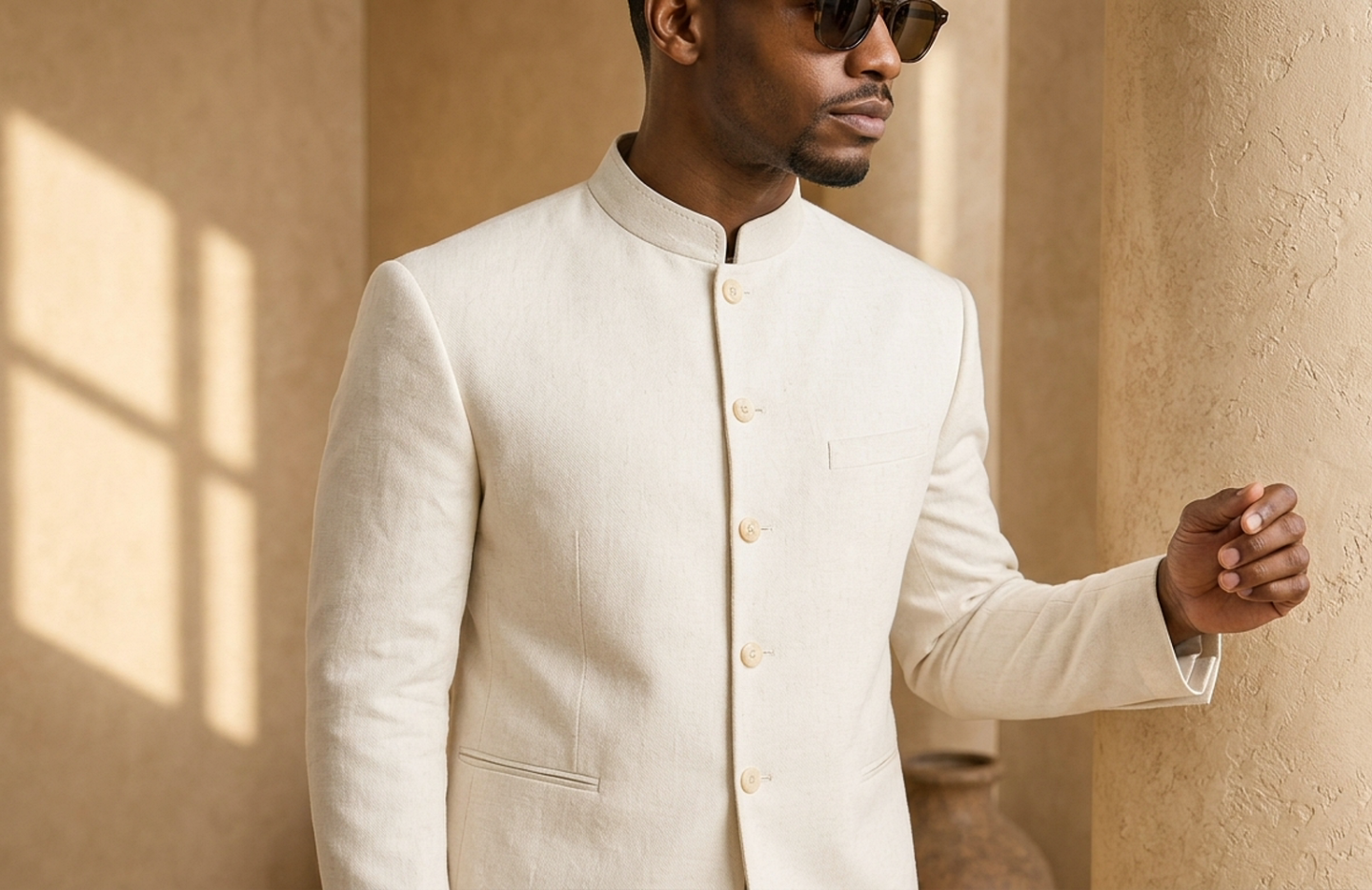 Detail editorial view of the Sol Minimalist Senator Suit