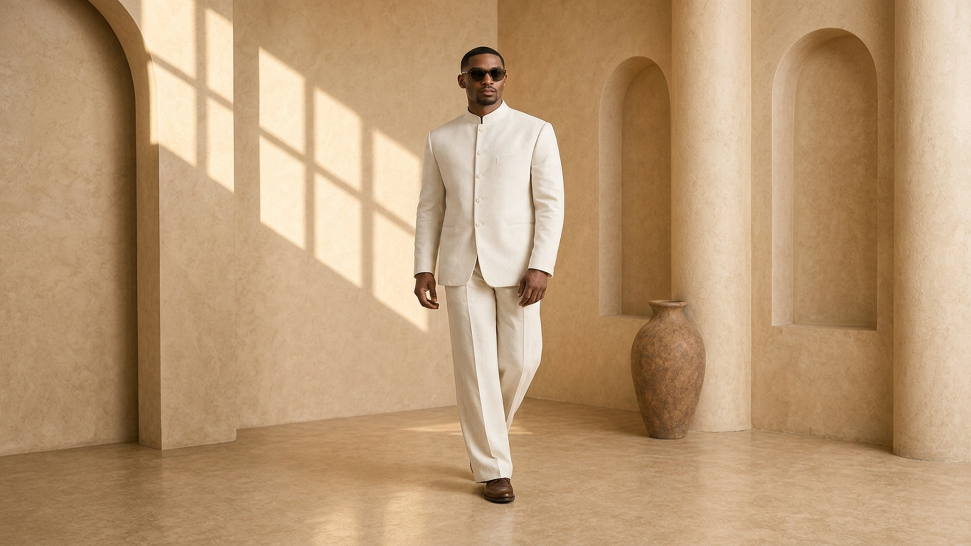 Editorial movement view of the Sol Minimalist Senator Suit