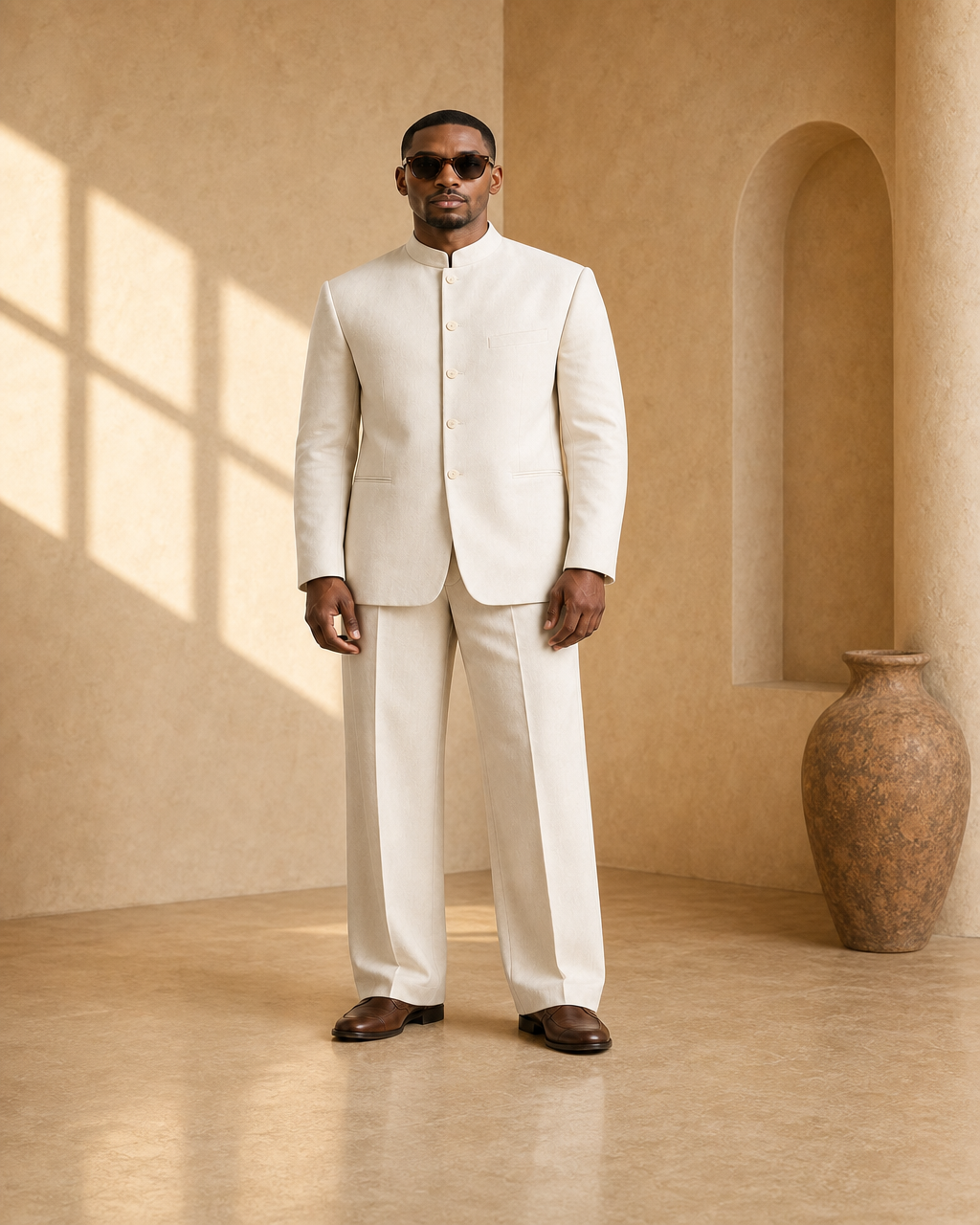 Model wearing or styling the Sol Minimalist Senator Suit
