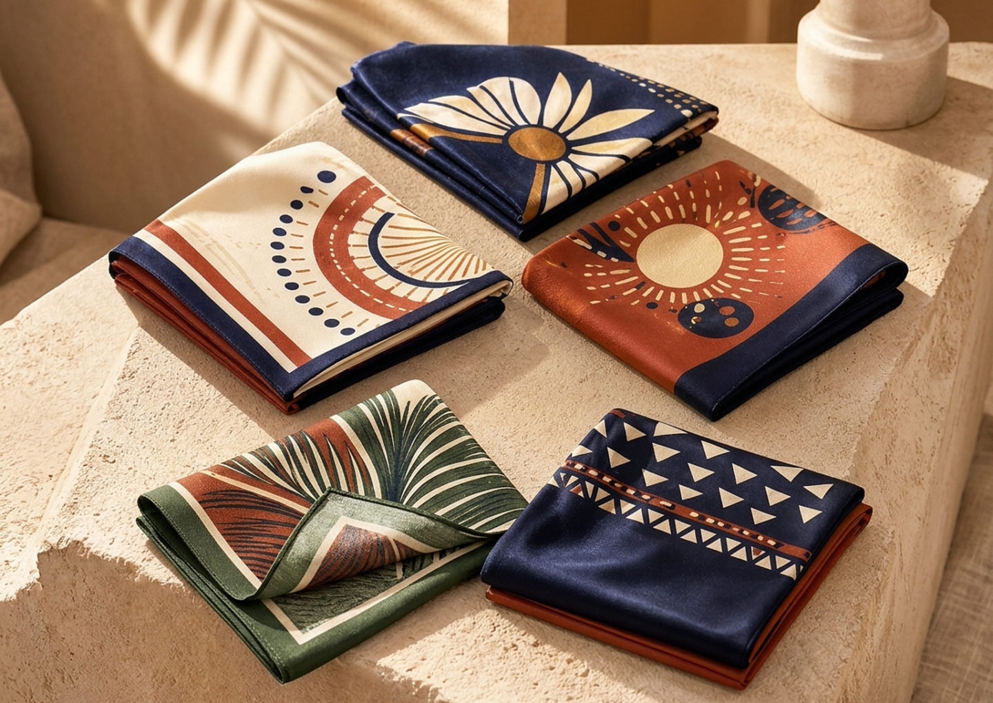Close editorial view of the Soleil Silk Pocket Square Set