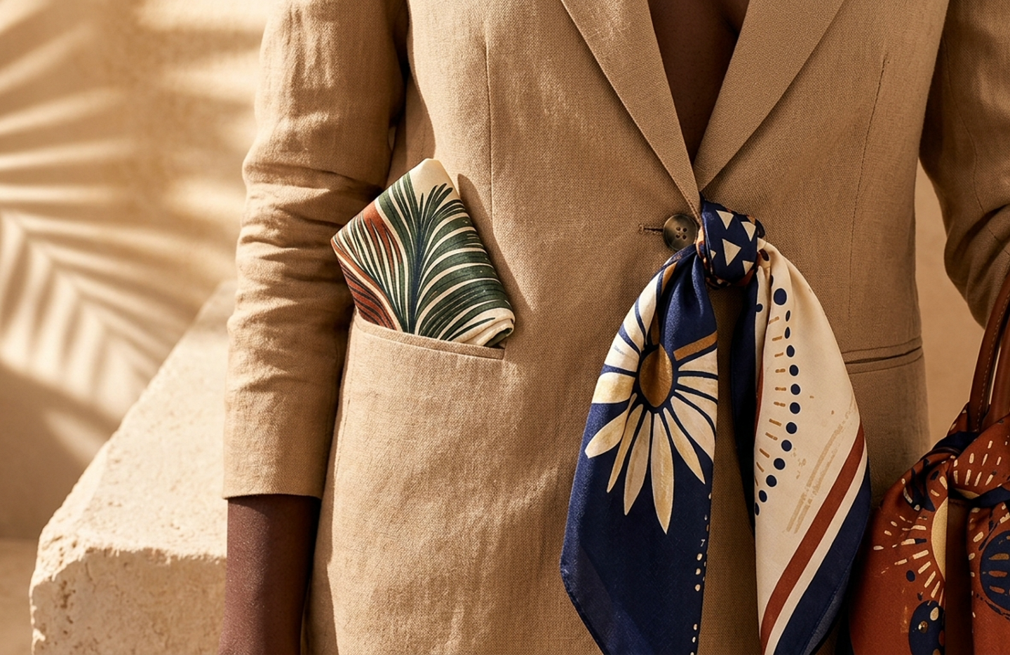 Detail editorial view of the Soleil Silk Pocket Square Set
