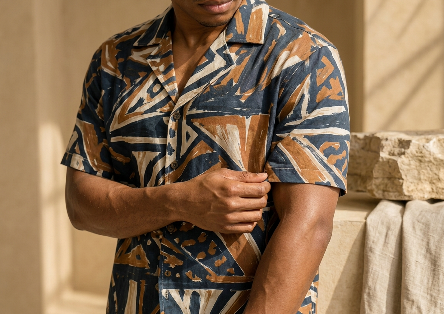 Close editorial view of the Tafari Camp-Collar Shirt
