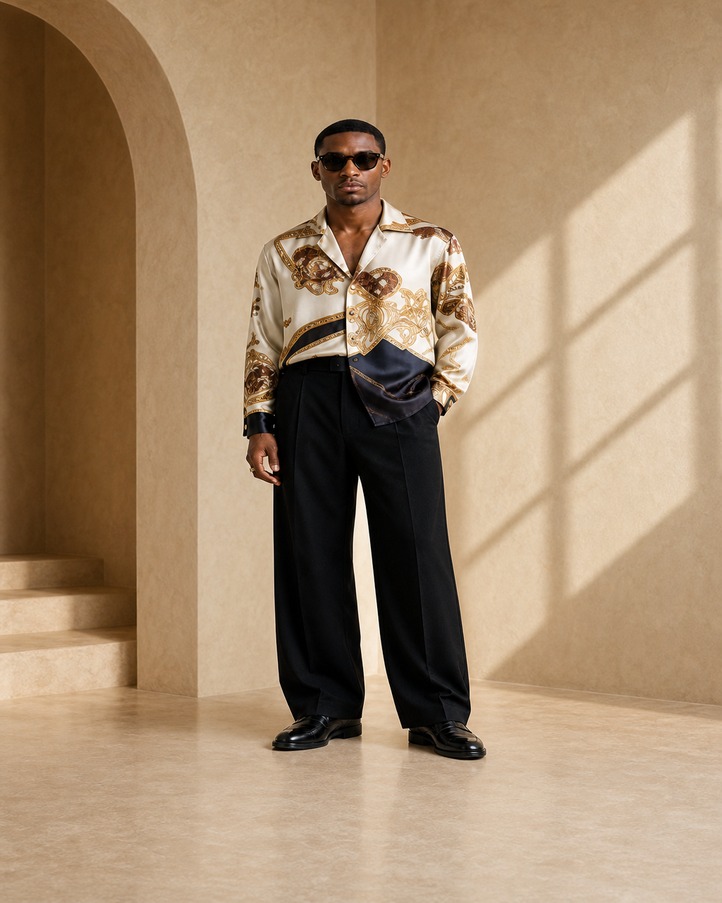 Model wearing or styling the Toro Silk Scarf Shirt