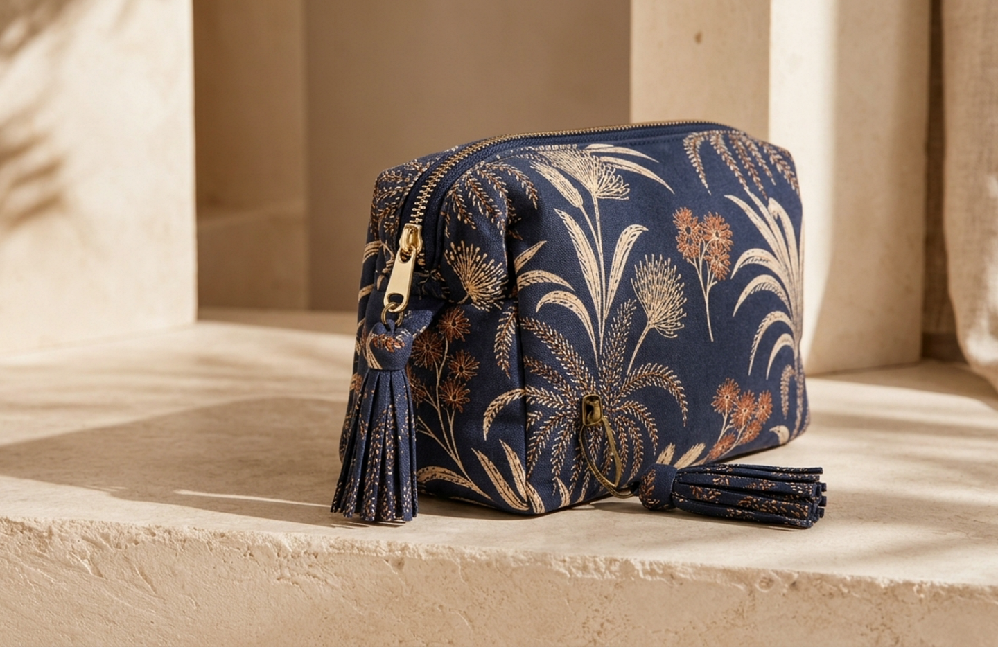 Detail editorial view of the Tula Printed Travel Pouch