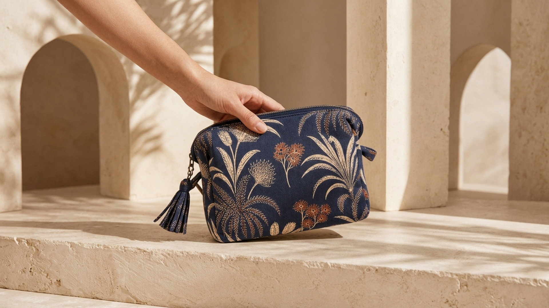Editorial movement view of the Tula Printed Travel Pouch