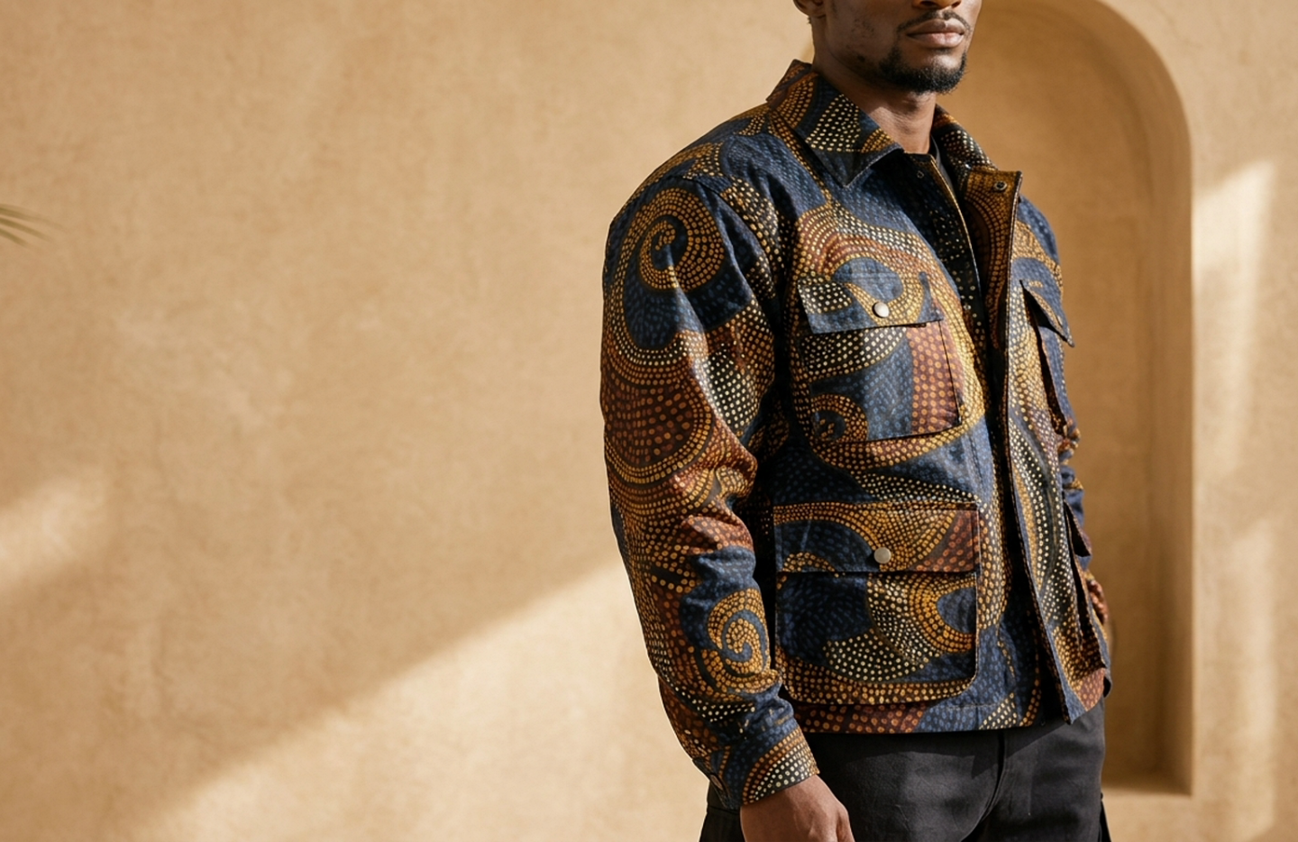 Detail editorial view of the Yeboah Wax Utility Jacket