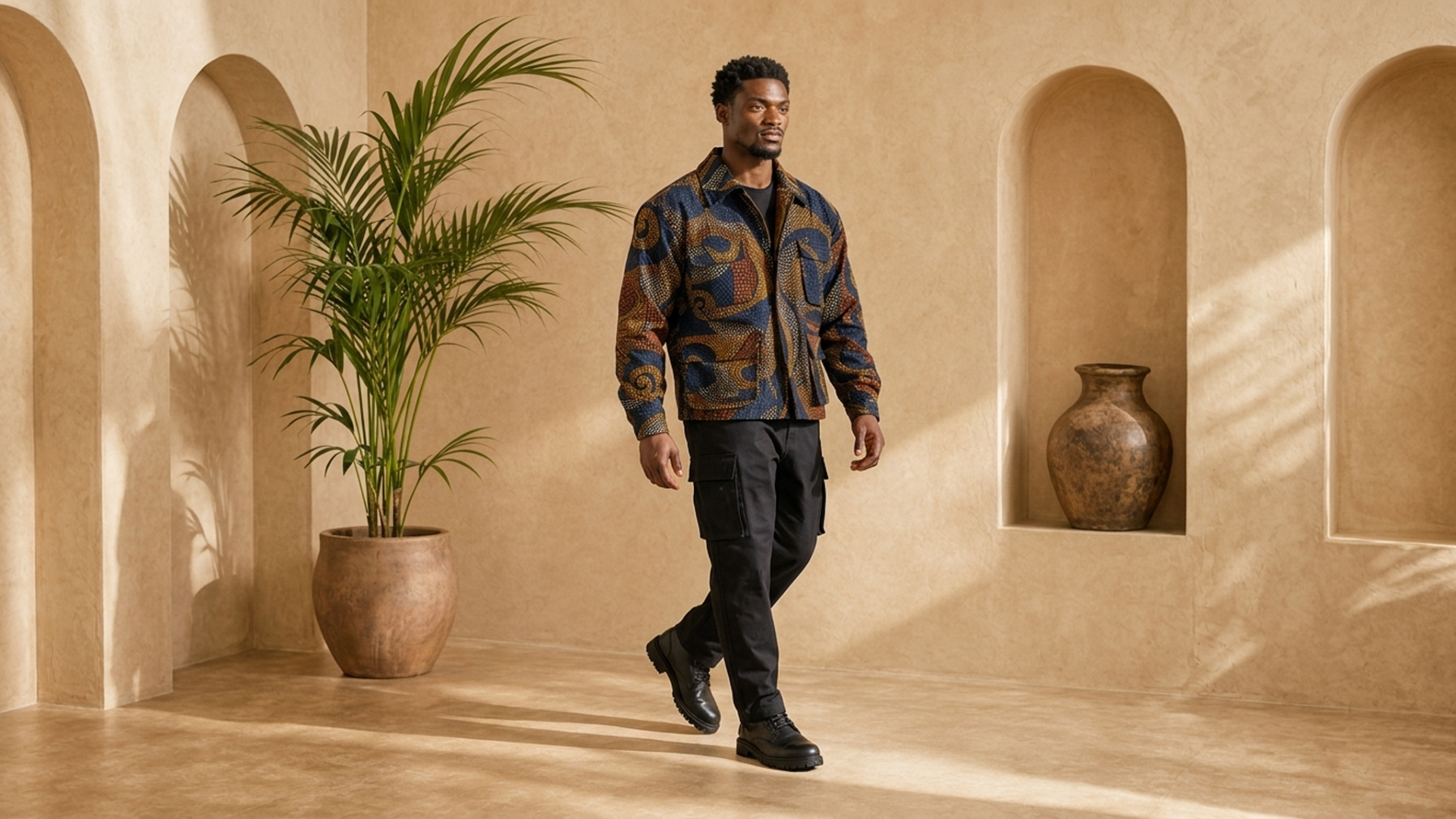 Editorial movement view of the Yeboah Wax Utility Jacket