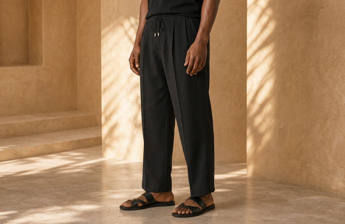Detail editorial view of the Zane Drawstring Trousers