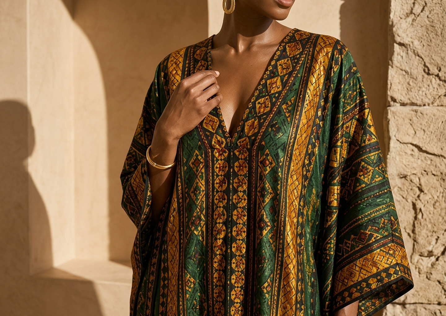 Close editorial view of the Zola Kaftan Dress