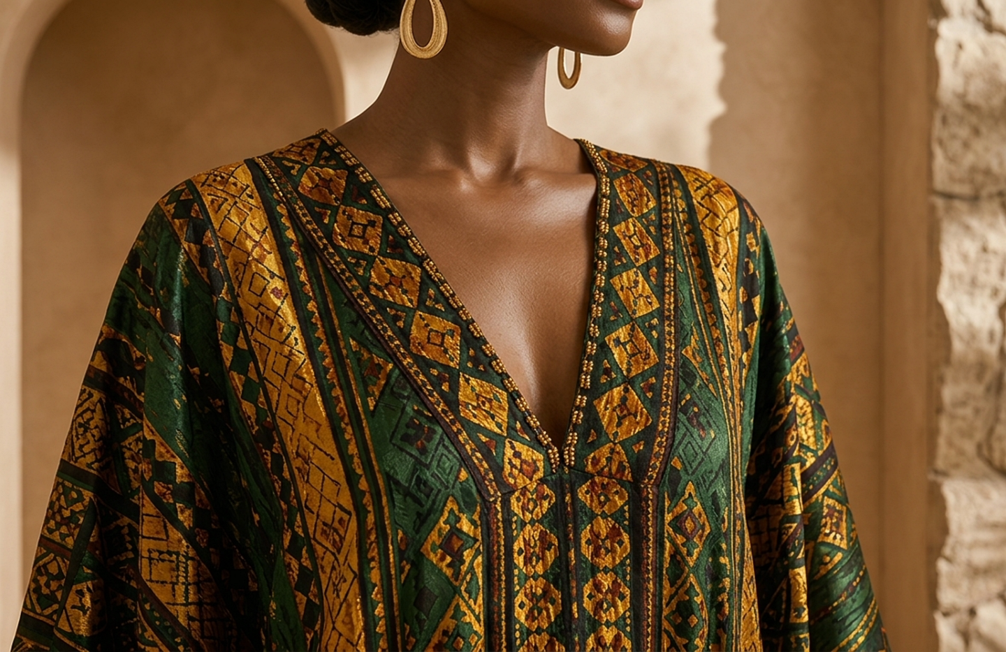 Detail editorial view of the Zola Kaftan Dress