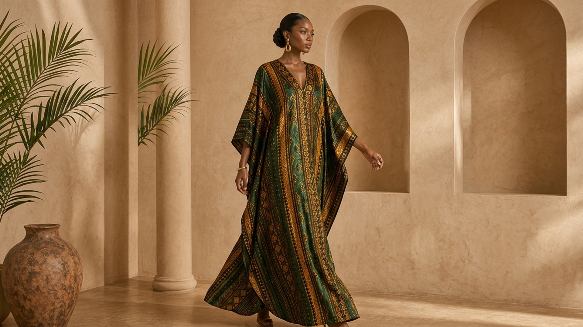 Editorial movement view of the Zola Kaftan Dress