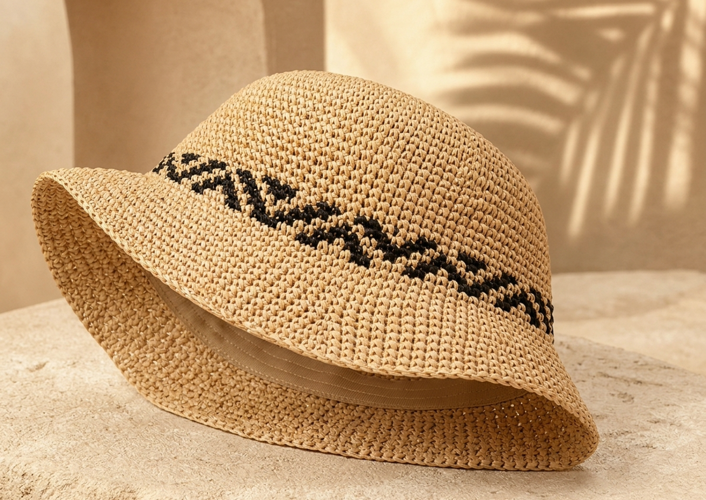 Close editorial view of the Zola Raffia Bucket Hat