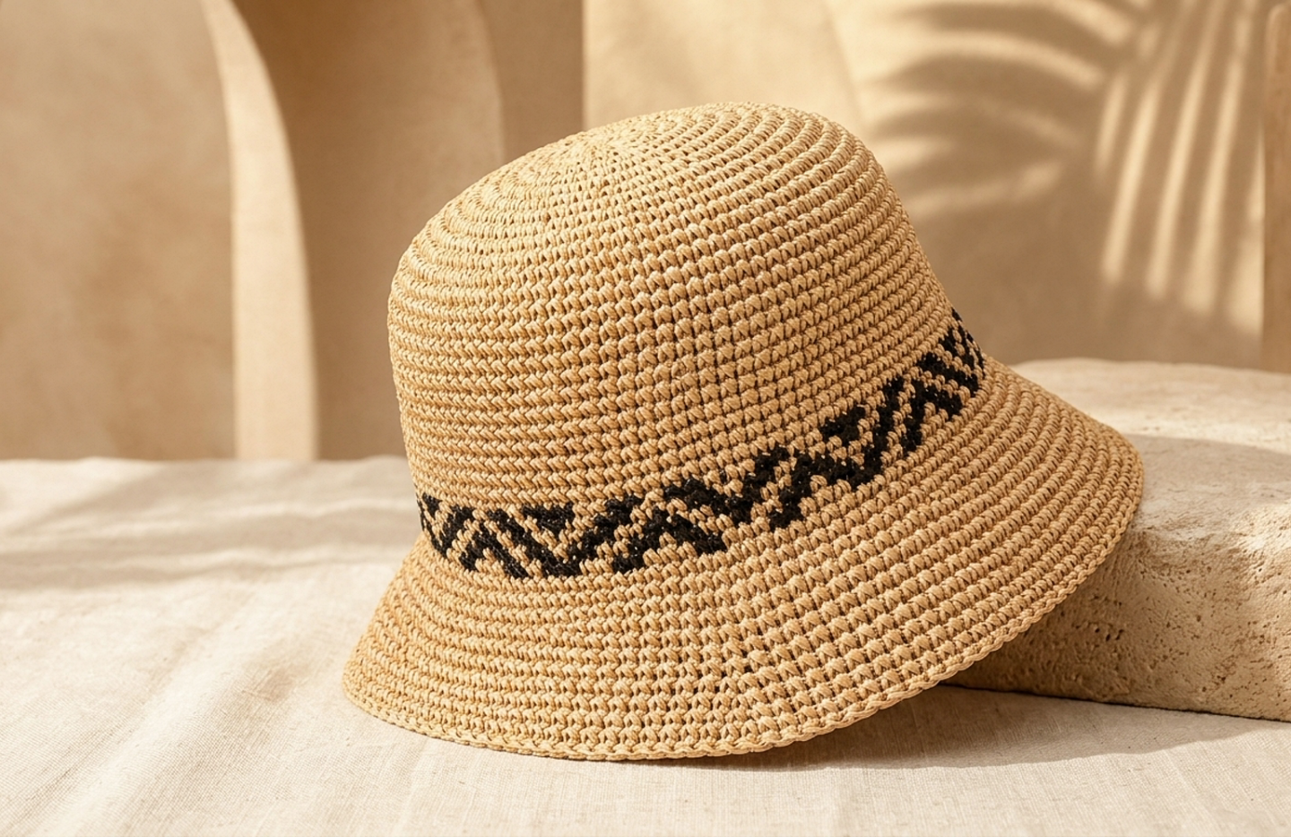 Detail editorial view of the Zola Raffia Bucket Hat