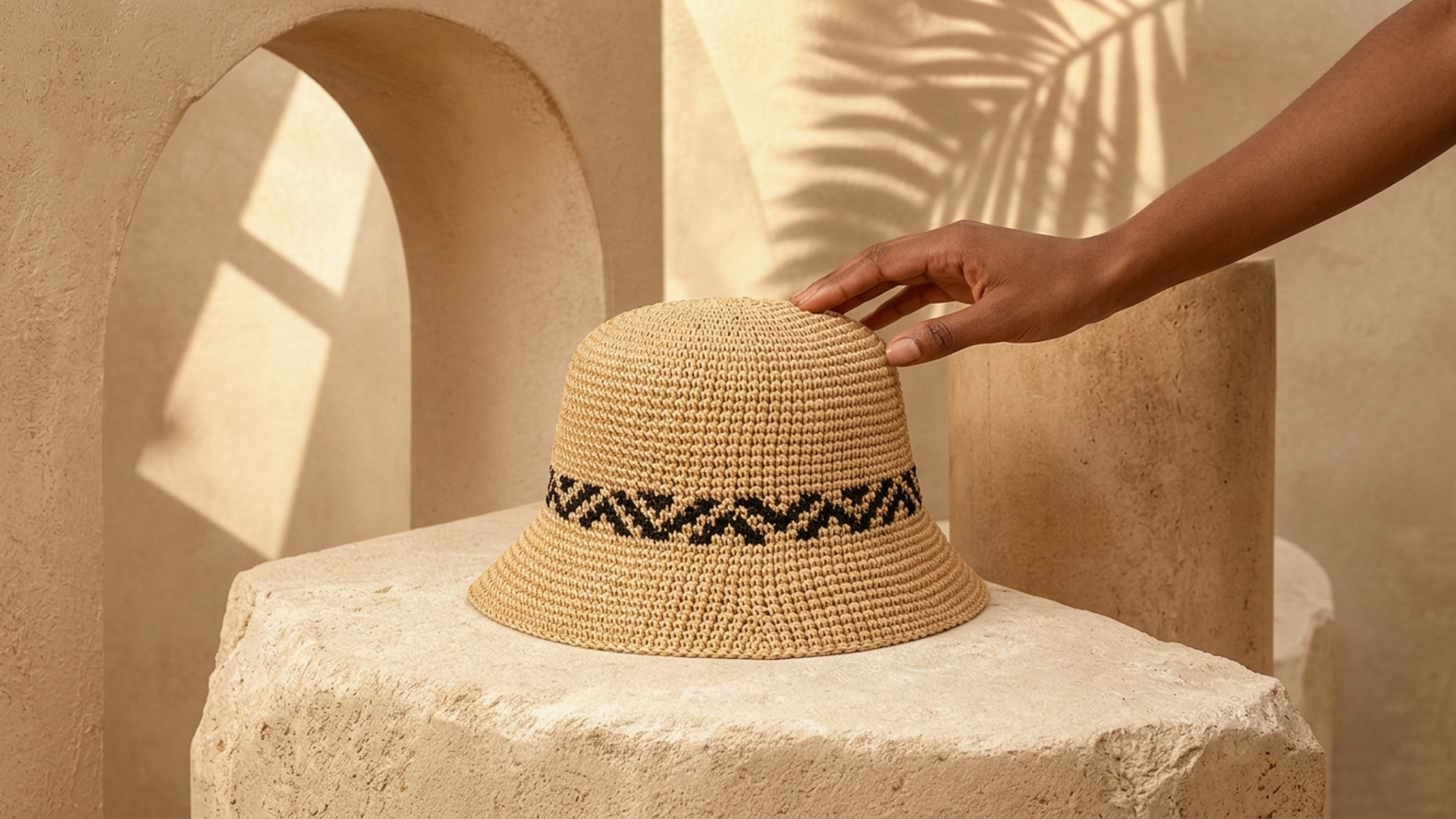 Editorial movement view of the Zola Raffia Bucket Hat
