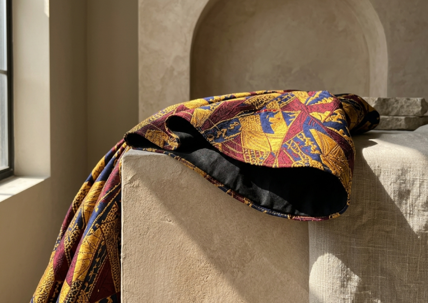 Close editorial view of the Zuri Kente Maxi Dress