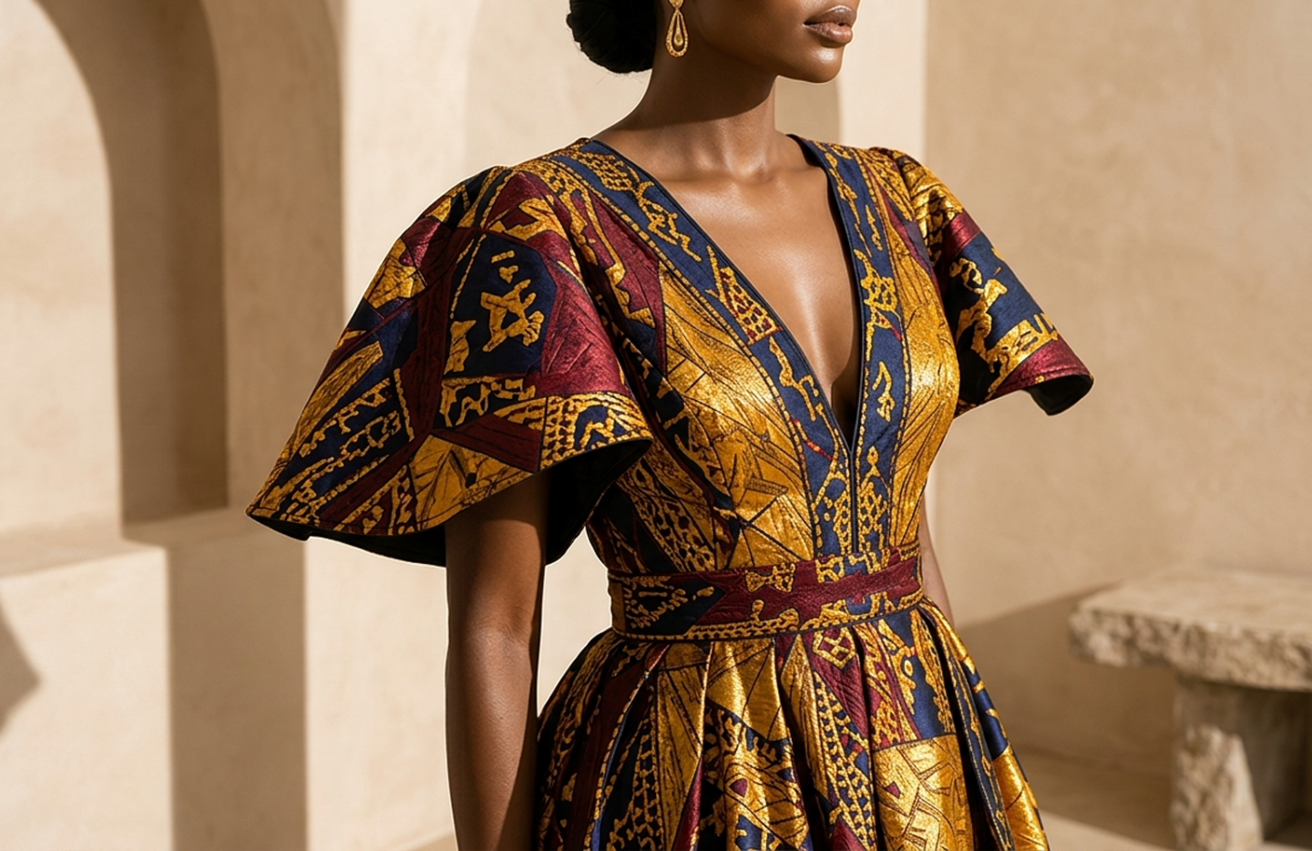 Detail editorial view of the Zuri Kente Maxi Dress